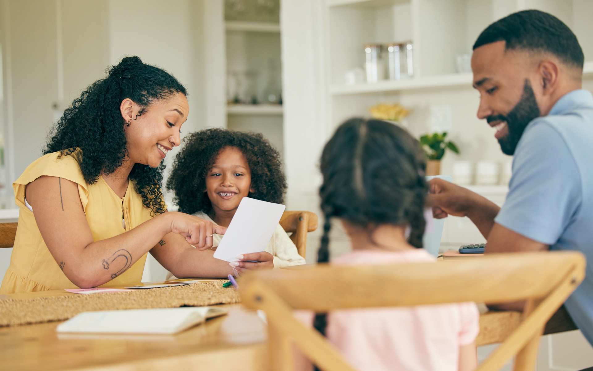 Education, parents and kids learning in home with family support, knowledge and studying together. Happy mom, dad and teaching children for young development, growth and helping with school project